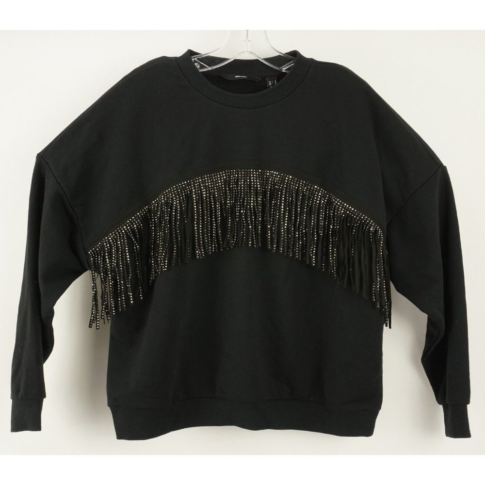 New VERO MODA Kaidyn Rhinestone Fringe Women's XS Black Crew Pullover Sweatshirt